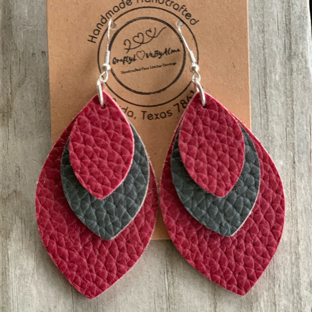 Triple-Layer Deep Red-Maroon & Charcoal-Gery Faux Leather Earrings | Handmade |